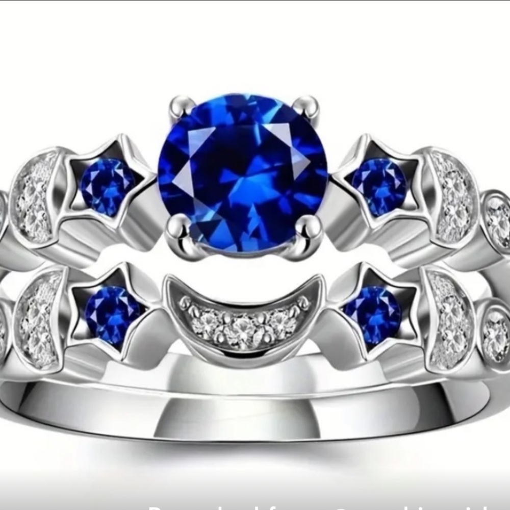 Moon Star 2 piece ring set Silver Simulated Diamonds and Blue stones NEW NWT